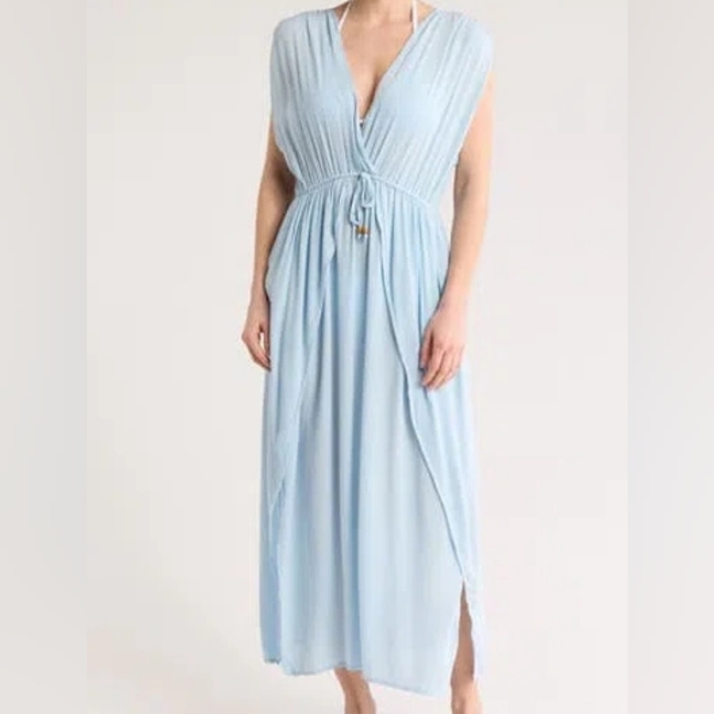 NWT Boho Me V-neck Tie Front Maxi Dress Beach Coverup Light Blue Side Slit